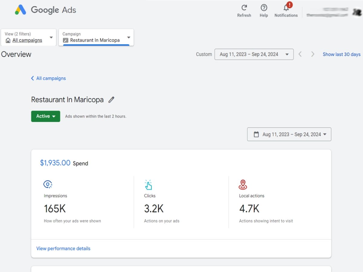 Google Ads work for a hospitality client, sample 2