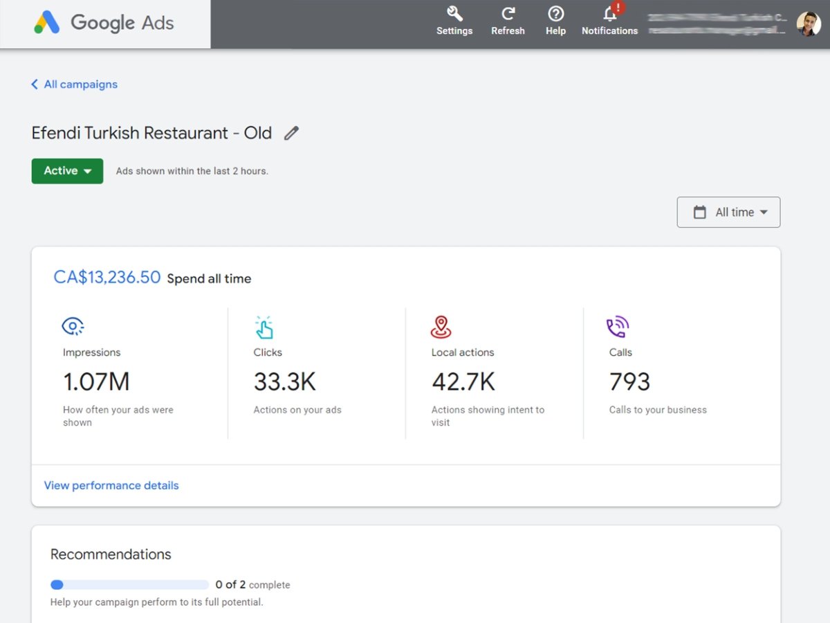 Google Ads work for a hospitality client, sample 3