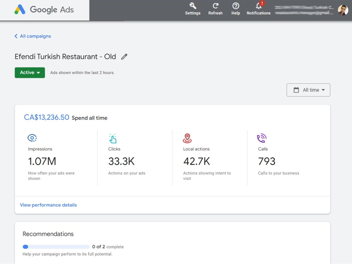 Google Ads work for a hospitality client, sample 4