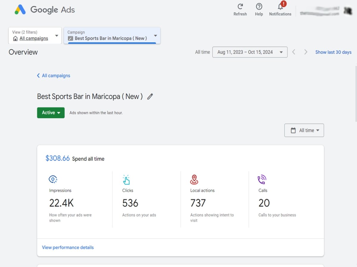 Google Ads work for a hospitality client, sample 7