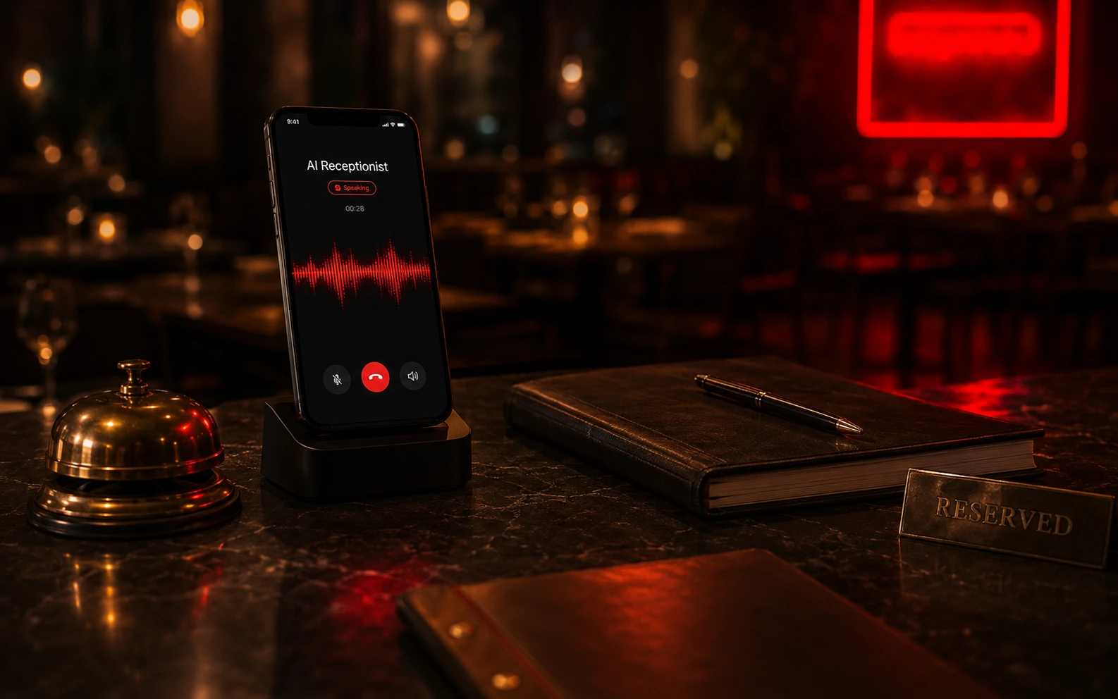 AI voice receptionist answering restaurant call with sound waves on phone