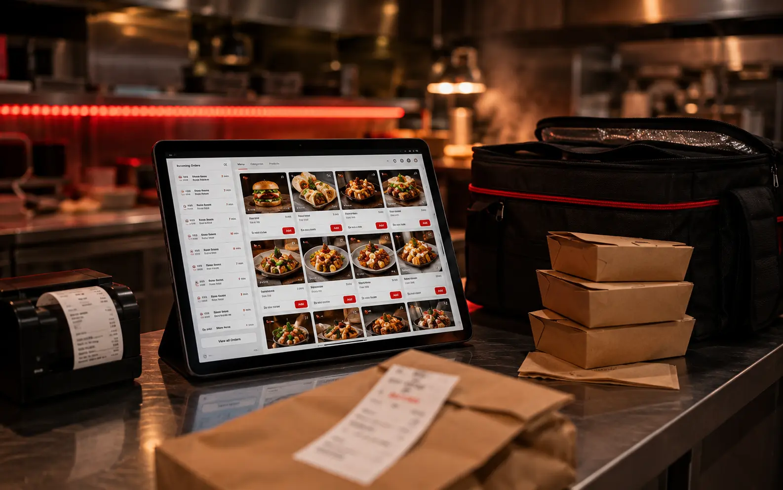 Food delivery app menu optimization on tablet with delivery bag