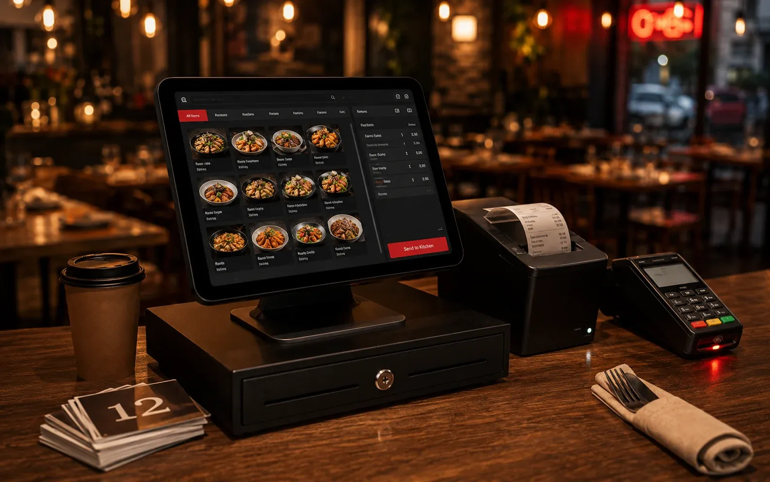 Restaurant POS terminal with order screen and receipt printer setup
