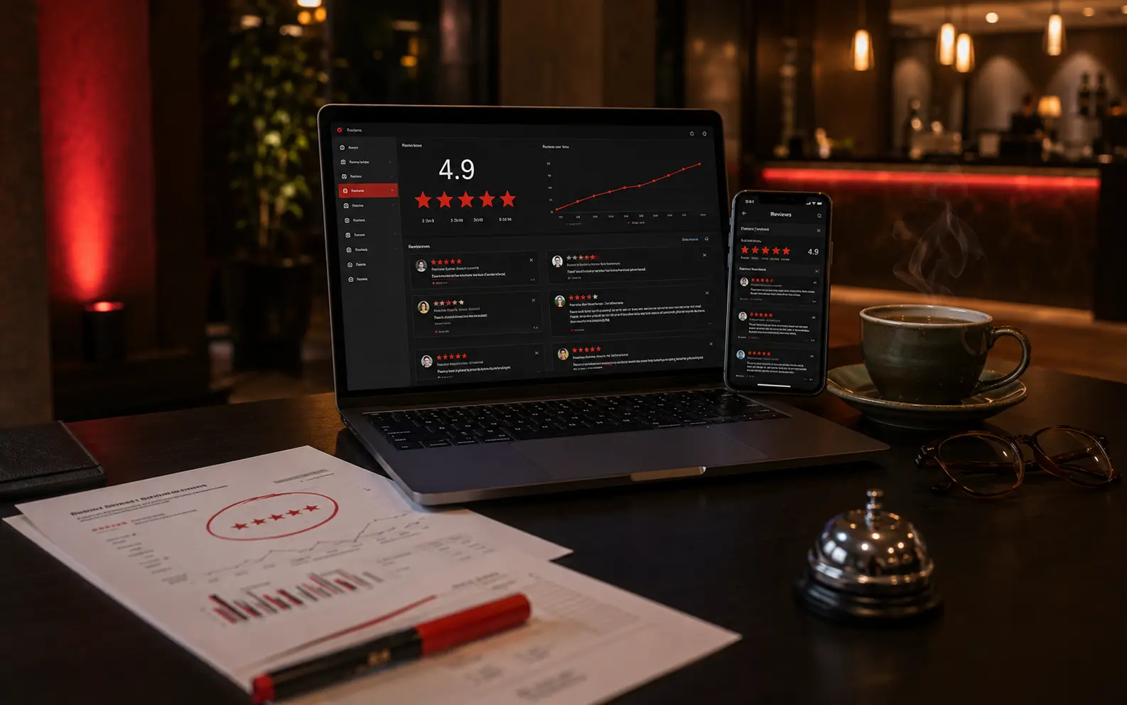 Restaurant review dashboard showing five star rating growth
