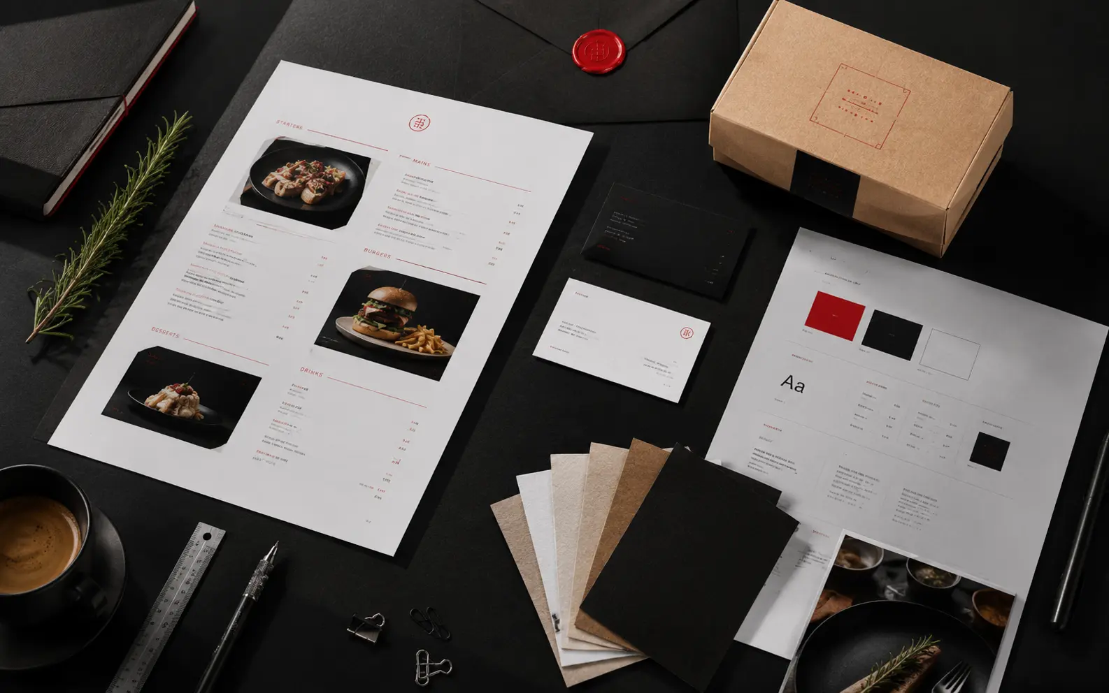 Restaurant brand identity design with menu mockups and color swatches