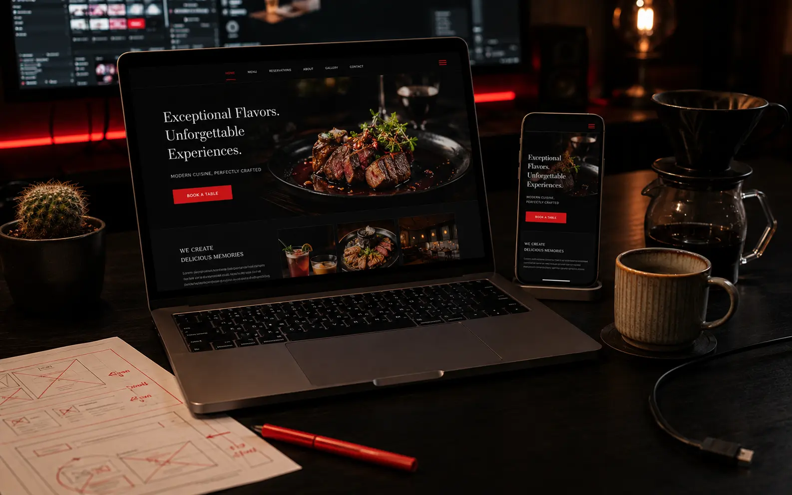 Restaurant website design shown on laptop and phone with booking button