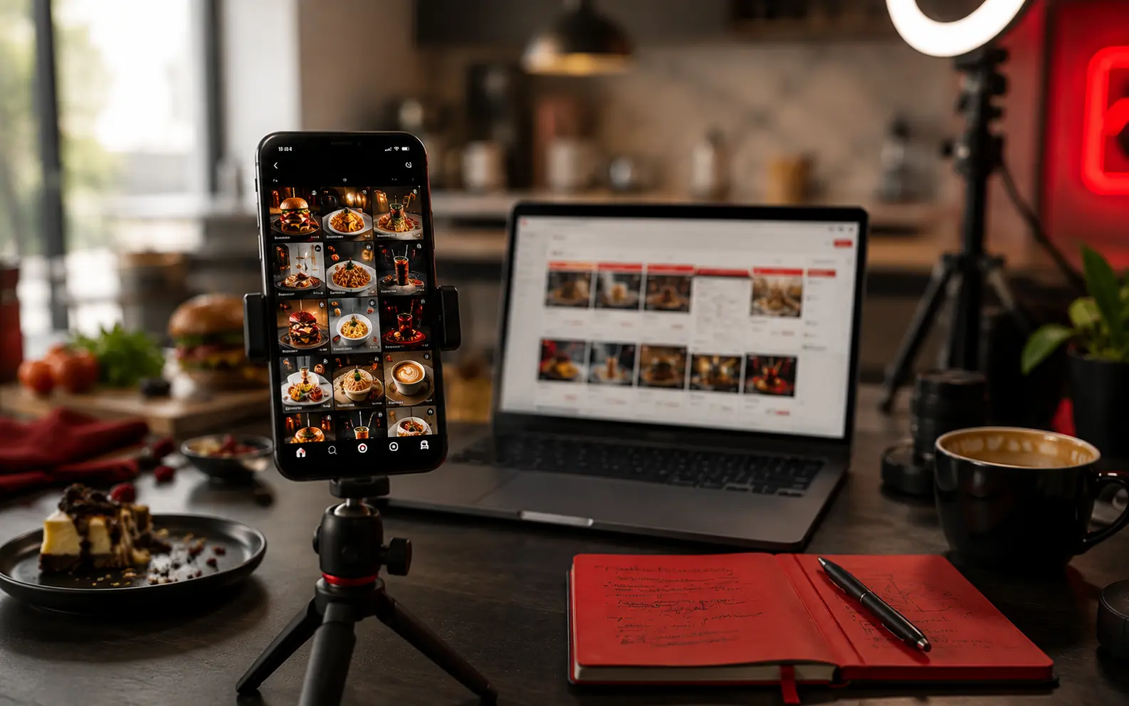 Restaurant social media content grid with food photography on phone